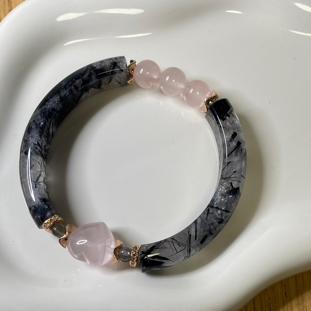 Black Tourmaline & Rose Quartz Heart Bangle Bracelet • Gold Accents • Protective - Picture 3 of 9